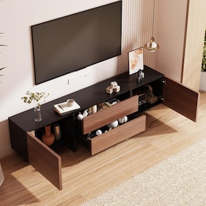 Black, Brown Wooden Grain TV Stand, Entertainment Center Fits TV's up to 90 in. with 2 Drawer, 2 Shelves for Storage