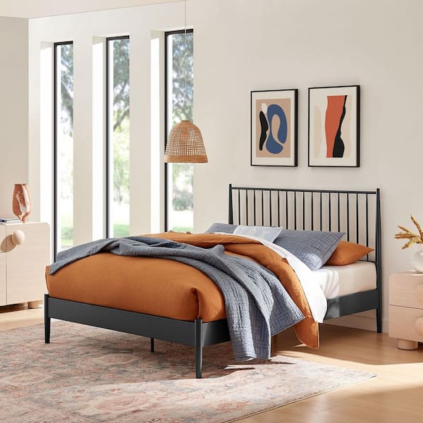 Adair in Charcoal Black Metal Frame King Platform Bed with Spindle Headboard