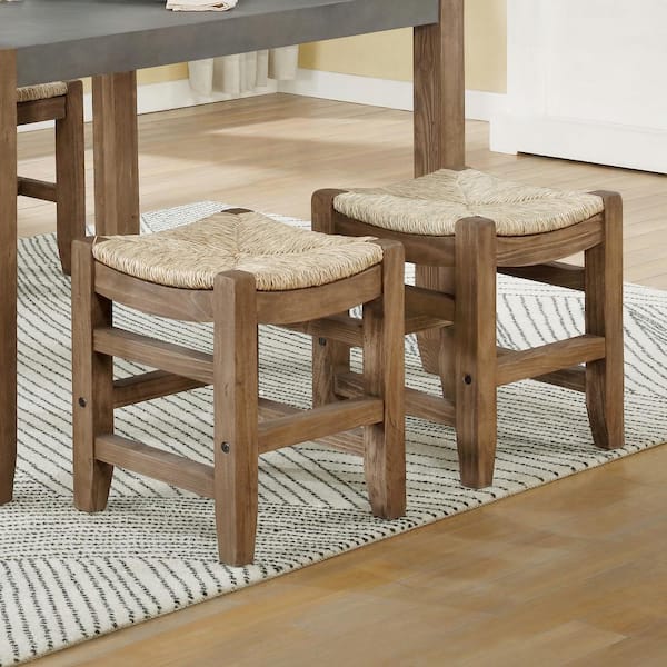 Newport Wood Dining Stools with Natural Rush Seat, 18 in. Light Amber Kitchen Chairs for Kitchen and Dining (Set of 2)