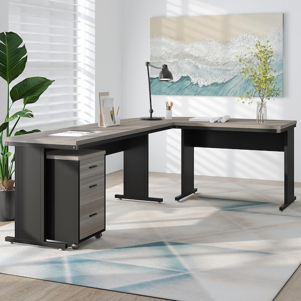 BYBLIGHT Lanita 83 in. L-Shaped Gray Engineered Wood 3-Drawer