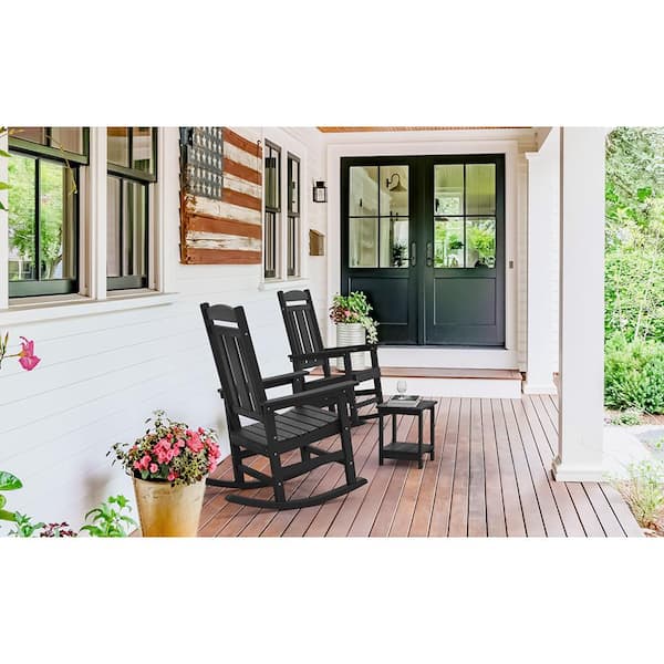 Hampton Black Recycled Plastic Patio Adirondack Outdoor Rocking Chair Porch Rocker Patio Rocking Chair Set of 4