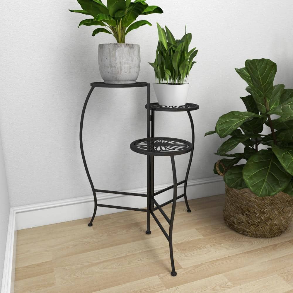 24" Black Metal 3-Tier Round Plant Stand