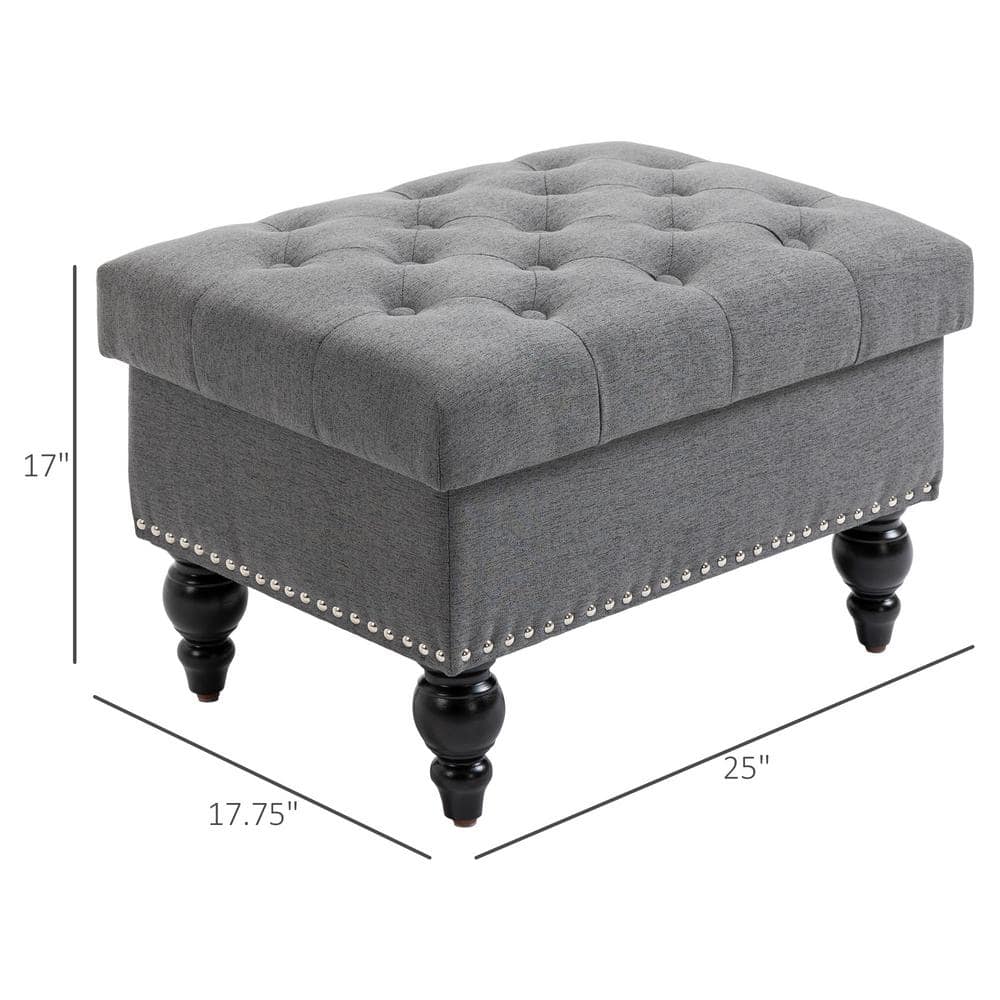 Elegant Gray 67cm Tufted Fabric Ottoman with Wood Legs and Storage