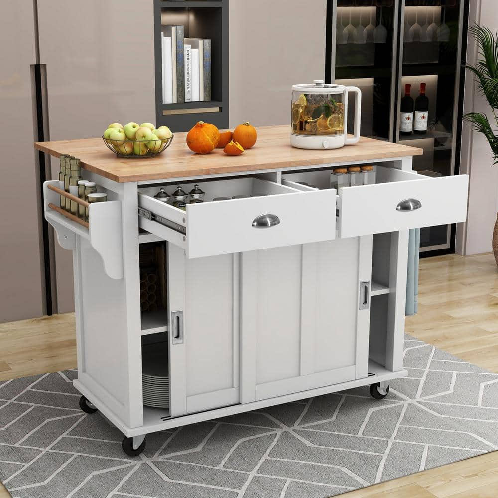 White Wood 52.2 in. Kitchen Island on 4-Wheels with Storage Cabinet and ...