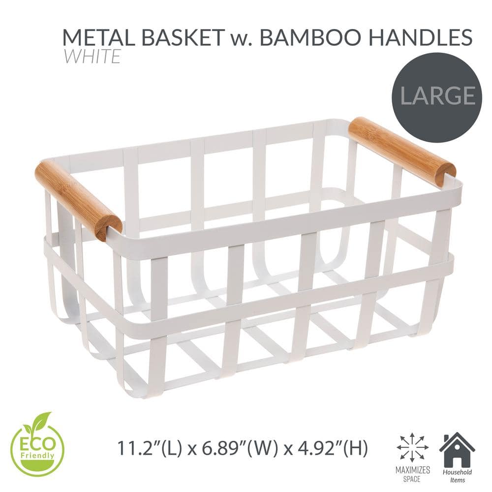 Large White Metal Storage Basket with Bamboo Handles
