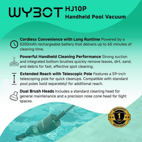 HJ10P Suction Handheld Pool Vacuum for Concrete Pools Telescoping Handle