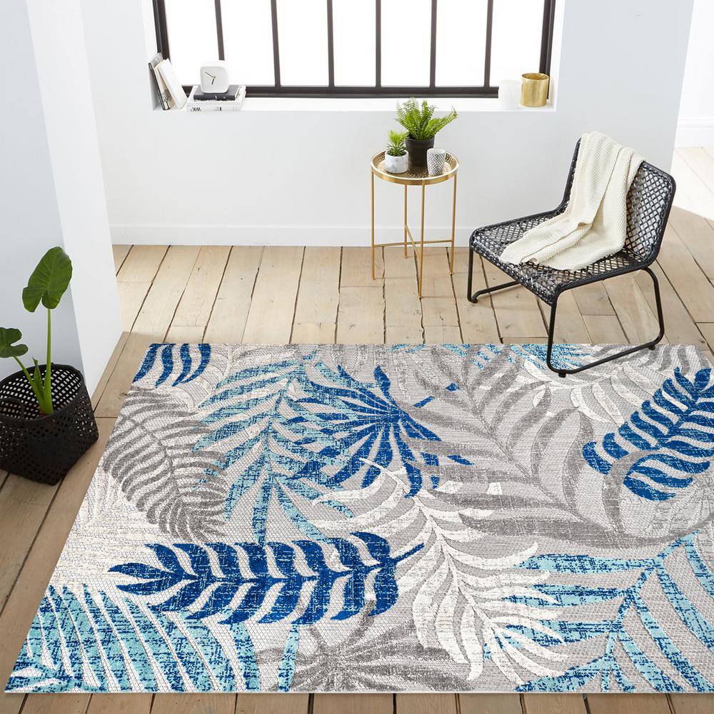 Gray and Blue Rectangular Synthetic Flat Woven Reversible Rug