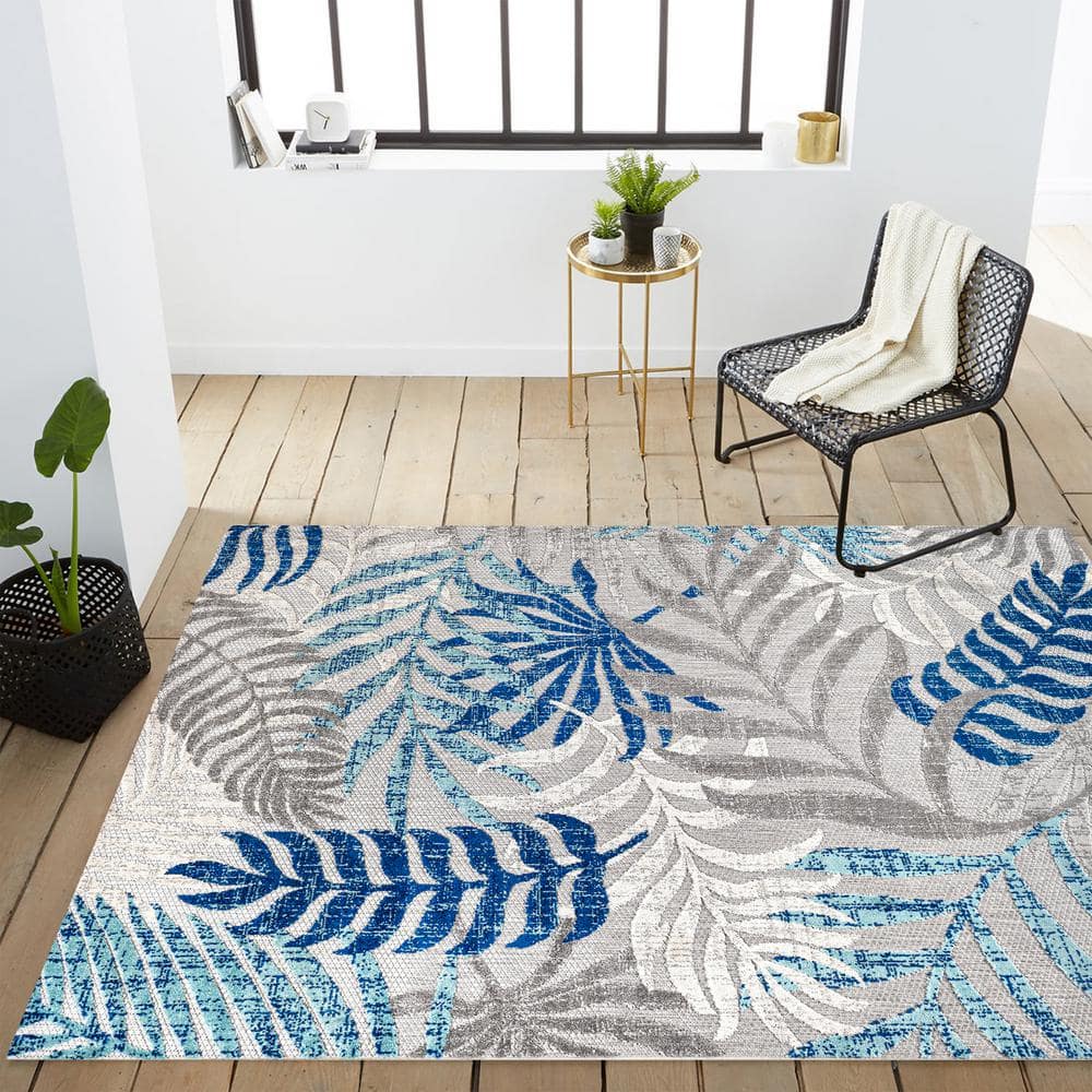 Gray and Blue Palm Leaves 8' x 10' Synthetic Indoor/Outdoor Area Rug