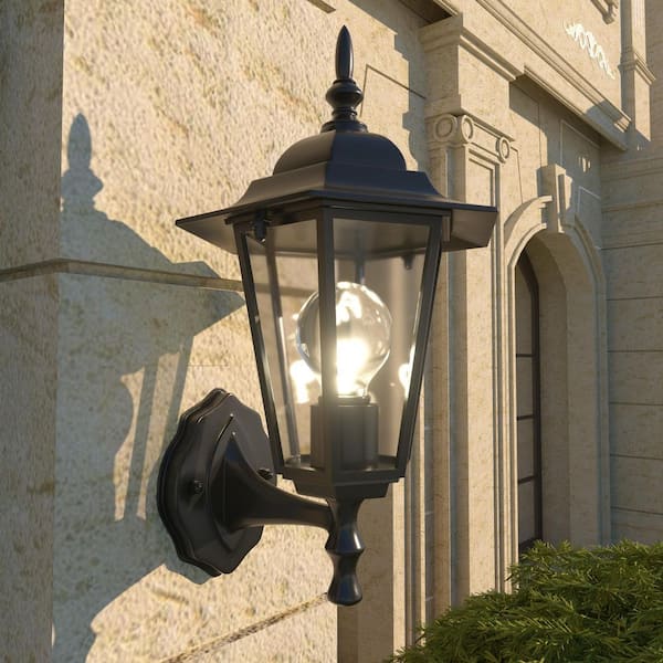 1-Light Textured Black Outdoor Wall Lantern Sconce with Clear Glass
