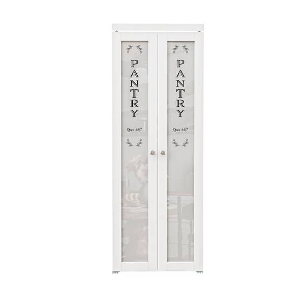 30in. x 80 in. 1-Lite Frosted Glass Solid Core White Finished (Pivot French) Bi-fold Door w/ Pantry Sticker and Hardware