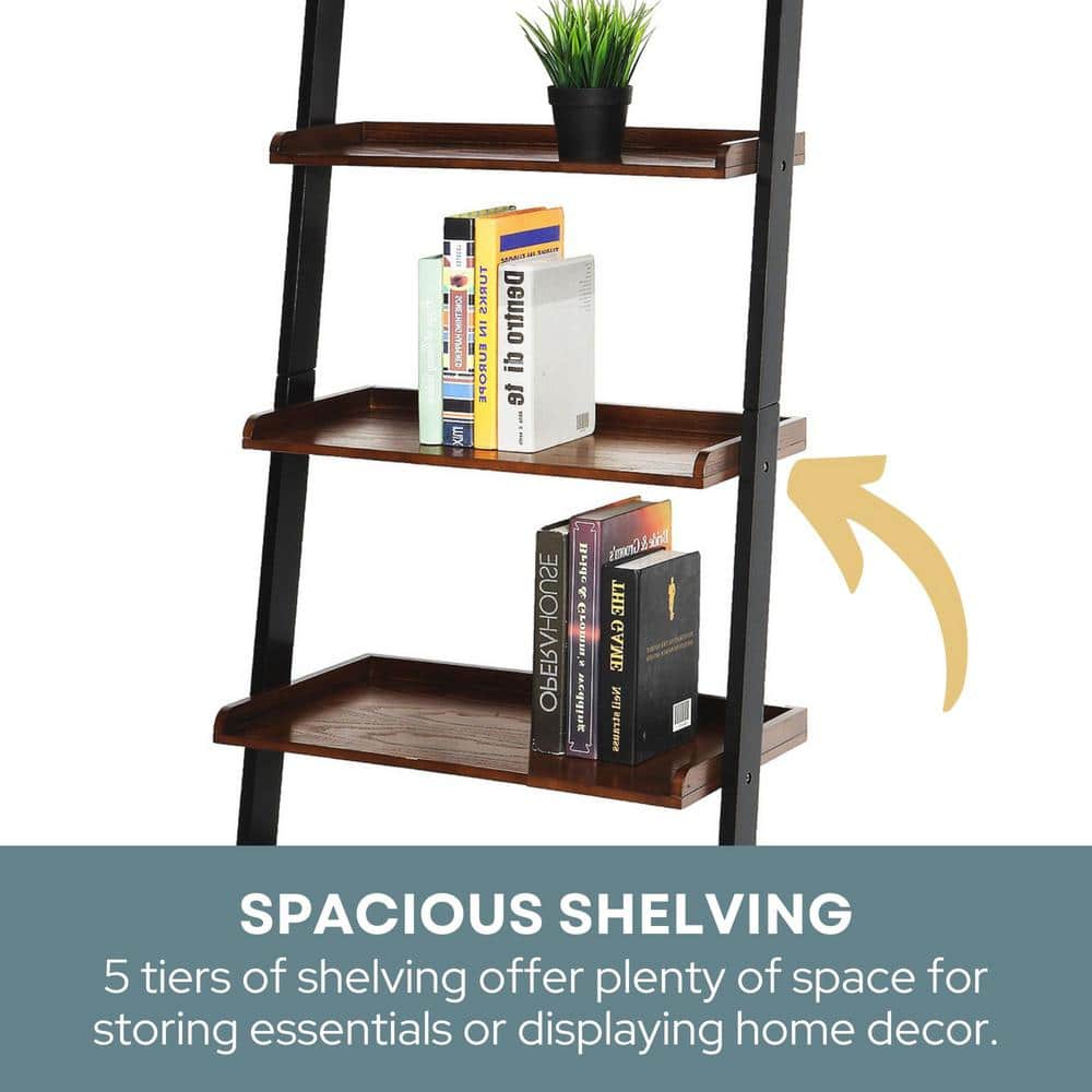 Elegant French Country 5-Shelf Ladder Bookcase in Dark Walnut and Black