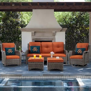 6-Piece Wicker Outdoor Patio Seating Set Sectional Sofa with Swivel Rocking Chair, Ottomans and Orange Cushions