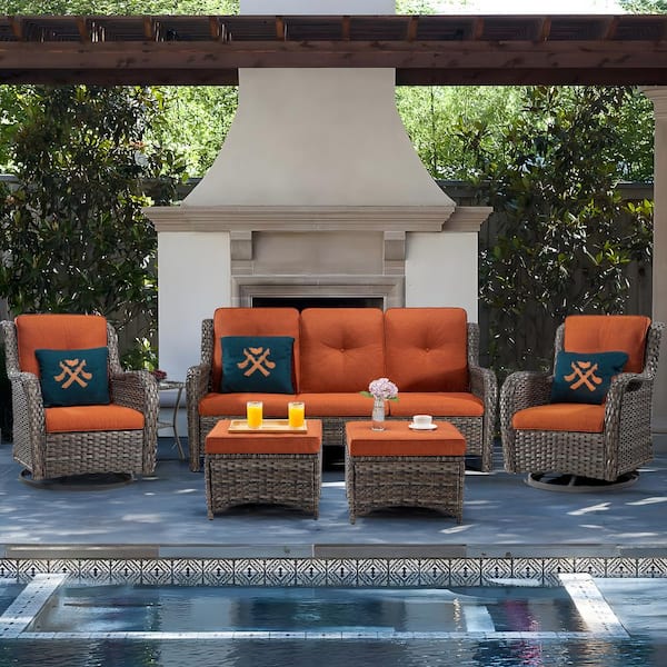 JOYSIDE 6-Piece Wicker Outdoor Patio Seating Set Sectional Sofa with Swivel Rocking Chair, Ottomans and Orange Cushions