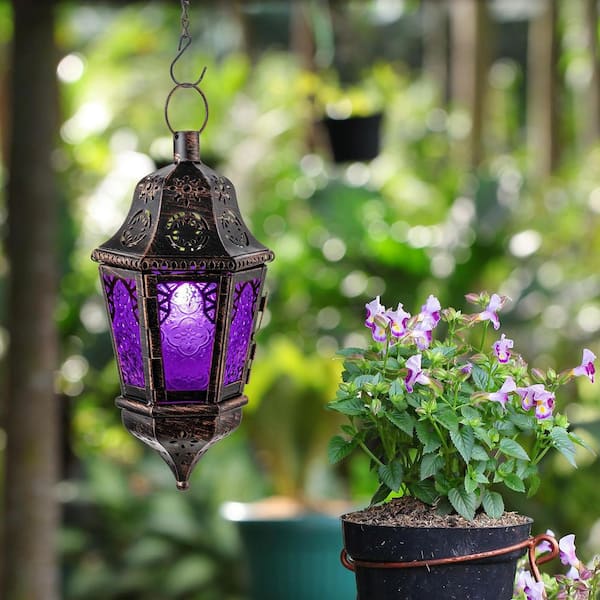 13.6 in. x 6 in. Bronze Metal Vintage Hanging Lantern with Dark Purple Glass, No Candle