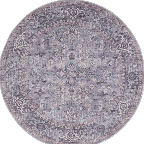 8 ft. Round Blue Floral Washable Area Rug