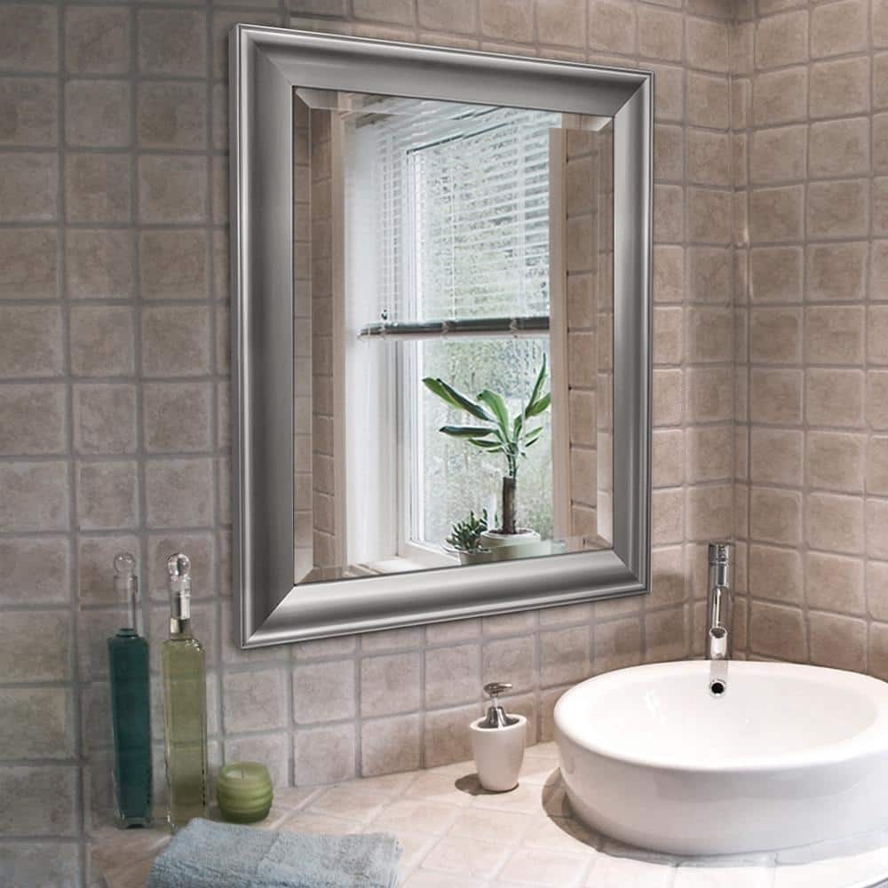 Brushed Nickel Rectangular Beveled Wall Vanity Mirror