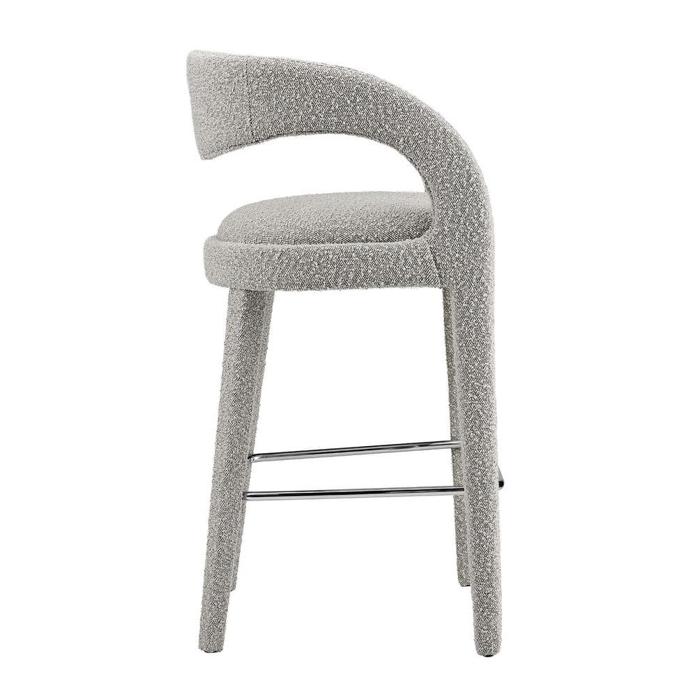 Taupe Silver Boucle Upholstered Bar Stools with Metal Legs, Set of Two