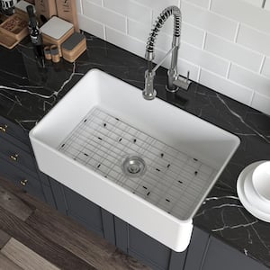 White Fireclay 30 in. x 20 in. Farmhouse Apron Front Single Bowl Kitchen Sink with Bottom Grid and Strainer