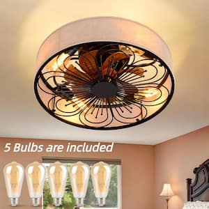 19.6 in. Indoor Bronze Low Profile Fabric Farmhouse Caged Enclosed Flush Mount Ceiling Fan with Light Kit and Remote