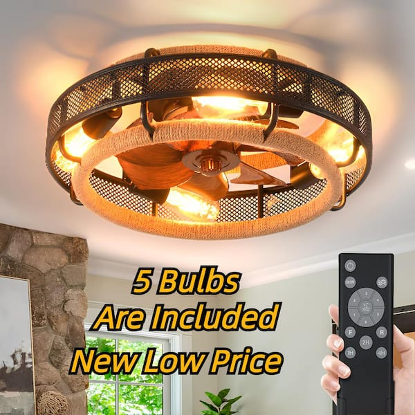 TOZING 19.6 in. Iron and Wood Grain Industrial Indoor Black Net Flush Mount Ceiling Fan with Light Remote Control with 5-Bulb