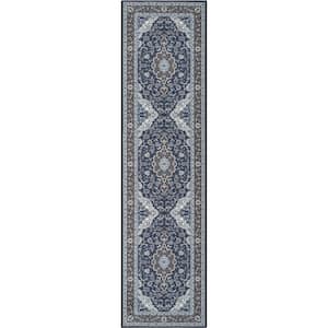 Kings Court Gene Traditional Medallion Persian Blue Machine Washable Low Pile 2 ft. x 7 ft. Indoor/Outdoor Runner Rug