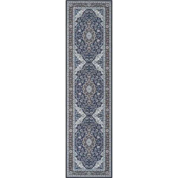 Gene Traditional Medallion Persian Blue Non-Slip Machine Washable