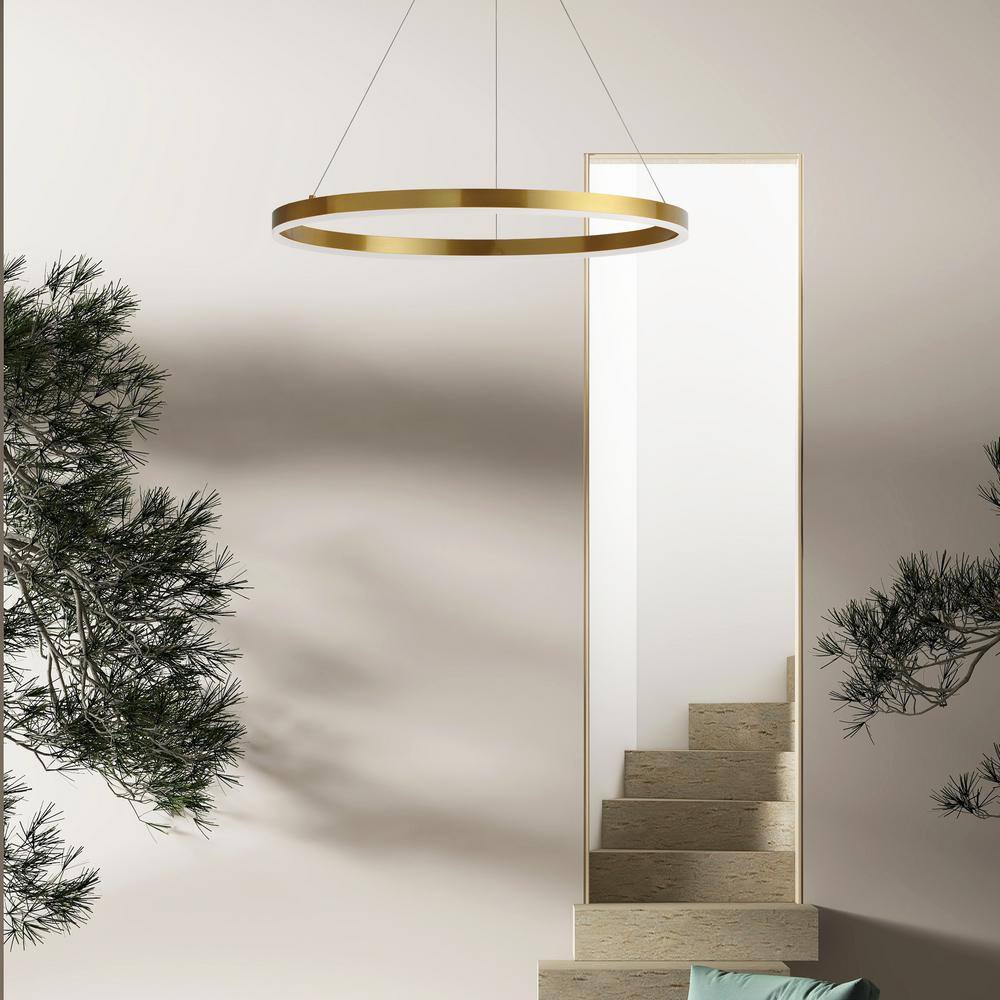 Circulo 24" Modern LED Chandelier in Aged Brass with Black Shade
