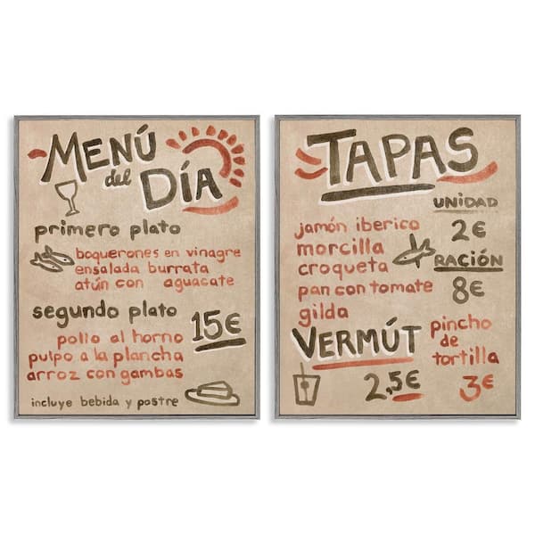 Stupell Industries Travel Tapas Menu by June Erica Vess 2 Pieces Gray Framed Food Giclee Art Print 14 in. x 11 in.
