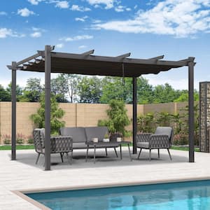 11 ft. x 13 ft. Gray Aluminum Frame Outdoor Patio Pergola with Gray Retractable Sun Shade Canopy for Porch Garden Beach