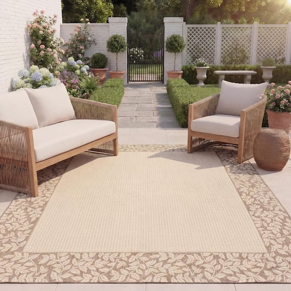 Courtyard Natural/Brown 8 ft. x 11 ft. Border Indoor/Outdoor Patio Area Rug