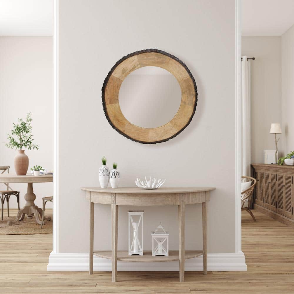 30.5" Round Brown Mango Wood and Glass Wall Mirror