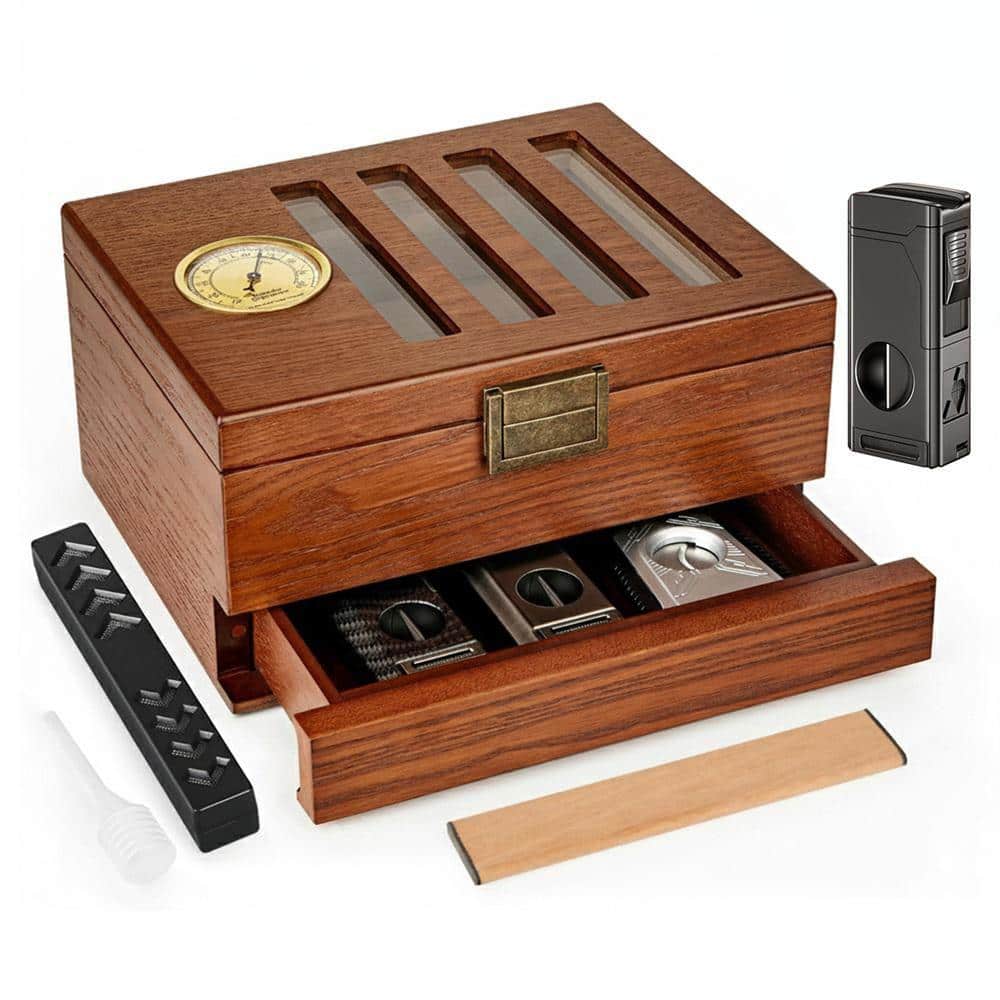 10.2 in. W x 5.9 in. H Brown Cedar Wood Cigar Humidor w/Vintage Lock, Glass Top, Hygrometer, Humidifier, Lighter,Dropper SA1059B305 - The Home Depot 10.2 in. W x 5.9 in. H Brown Cedar Wood Cigar Humidor w/Vintage Lock, Glass Top, Hygrometer, Humidifier, Lighter,Dropper SA1059B305 - The Home Depot