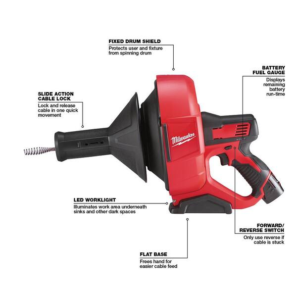 Milwaukee - M12 12V Lithium-Ion Cordless Auger Snake Drain Cleaning Kit M12 with 2.0Ah Battery