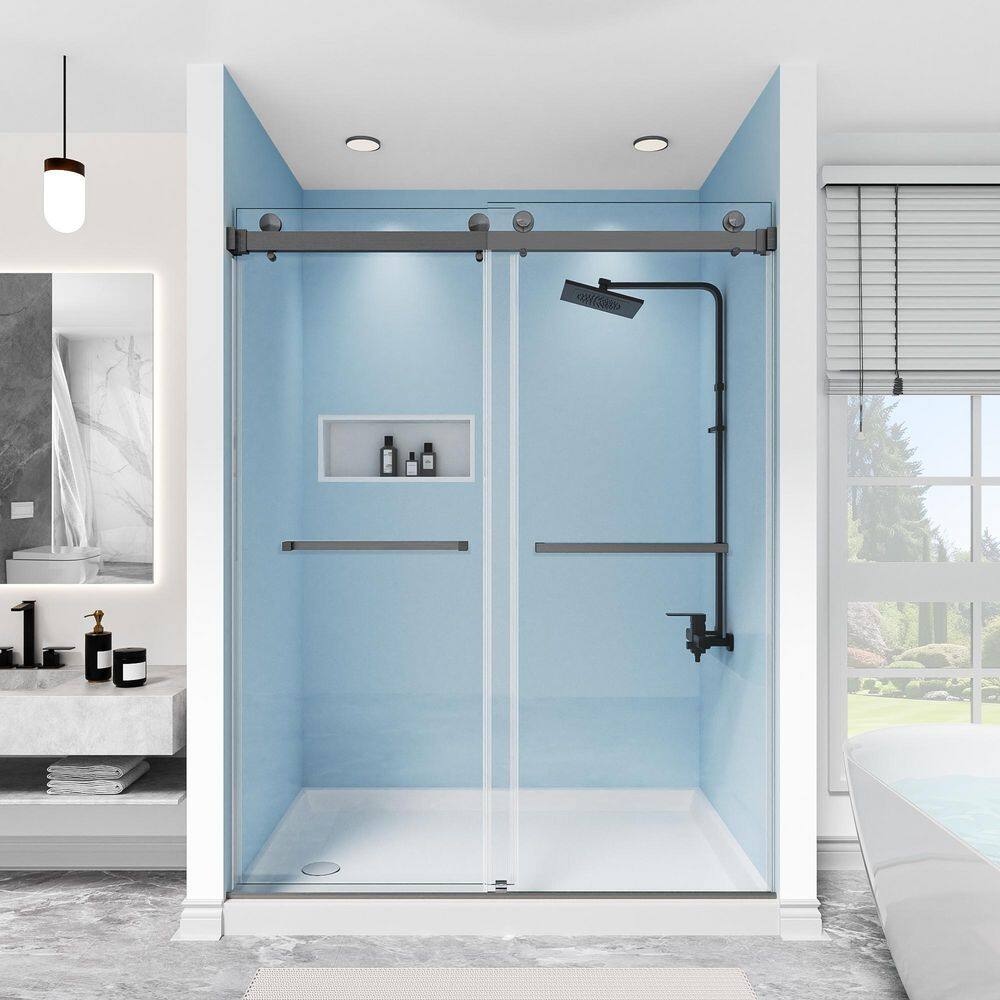 62-67 in. W x 76 in. H Double Sliding Frameless Shower Door in Gungray with 3/8 in. Clear Tempered Glass, 2-Towel Bars price history on PriceWatchPro