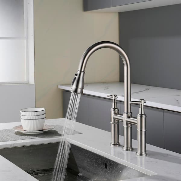 17.52 in. H Double Handle Kitchen Faucet with Pull Down Sprayer and 180° Spout Swivel in Brushed Nickel