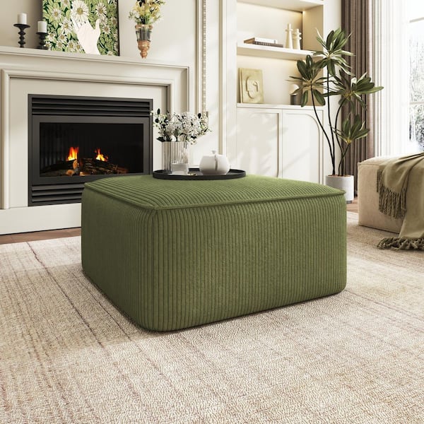 Olive Green 30 in. Square Corduroy Fabric Modern Ottoman