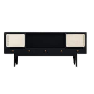 Simms 70 in. Black Standard Rectangle Wood Console Table with Open Back on Side Cabinets for Cord Control