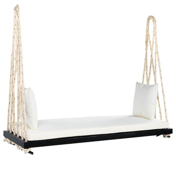 2-Person Black Acacia Wood Porch Swing with White Cushion and Pillows, 10.8 ft. Hemp Ropes