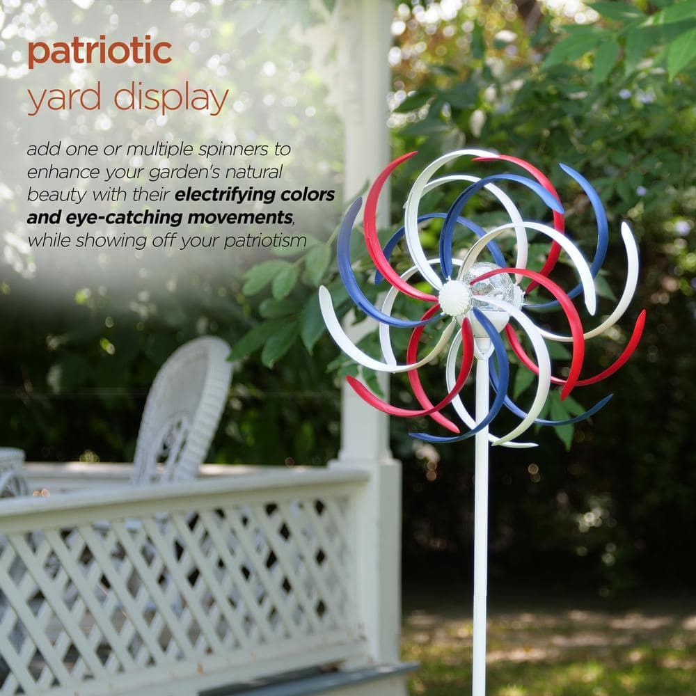 68" Tall Red, White, and Blue Iron Wind Spinner with Solar LED Light