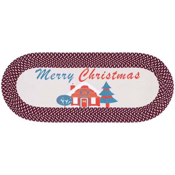 Braided Posters Ivory/Burgundy Red 2 ft. x 3 ft. Machine Washable Merry Christmas House Oval Area Rug