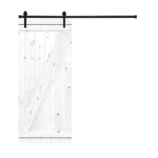 AIOPOP HOME Z-Bar Series 38 in. x 84 in. White Stained Knotty Pine Wood DIY Sliding Barn Door with Hardware Kit