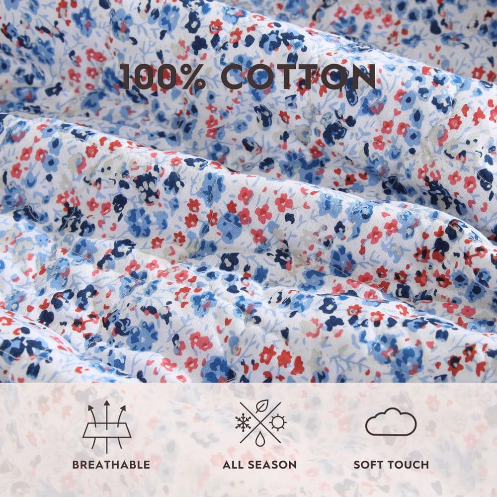 Leona Flower Blue and Red Cotton Twin Reversible Quilt Set