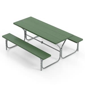 72 in. Green Rectangle Metal Picnic Table Bench Set with HDPE Tabletop with Umbrella Hole for 8 Person