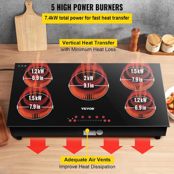 Timer & Child Lock Included VEVOR Built in Electric Stove Top 9 Power Levels for Simmer Steam Slow Cook Fry 30.3 x 20.5 inch 5 Burners 240V Ceramic Glass Radiant Cooktop with Sensor Touch Control 