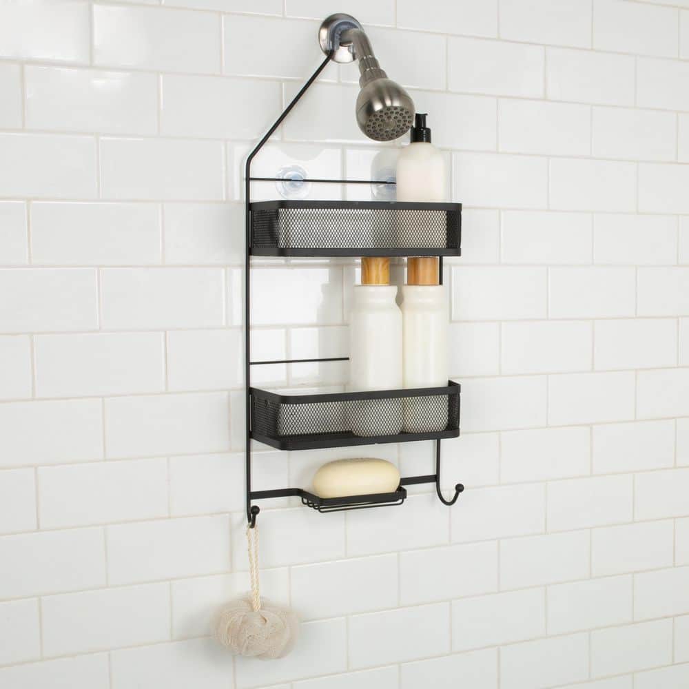 Matte Black Mesh Two-Shelf Shower Caddy with Suction Mount