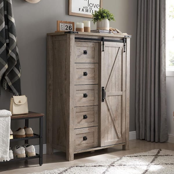 Light Rustic Oak 5-Drawer 32 in. Wide Chest of Drawers with Sliding Barn Door & Adjustable Shelves