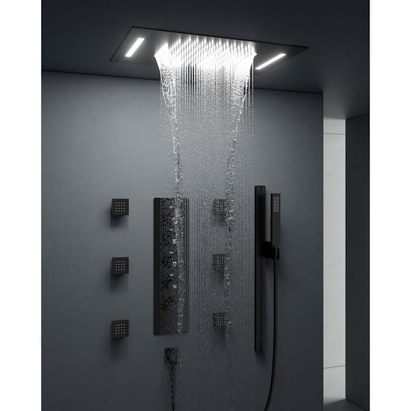 15-Spray LED Mood Lighting 23 x 15 in. Ceiling Mount Dual and Handheld Shower 2.5 GPM with Slider Bar in Matte Black