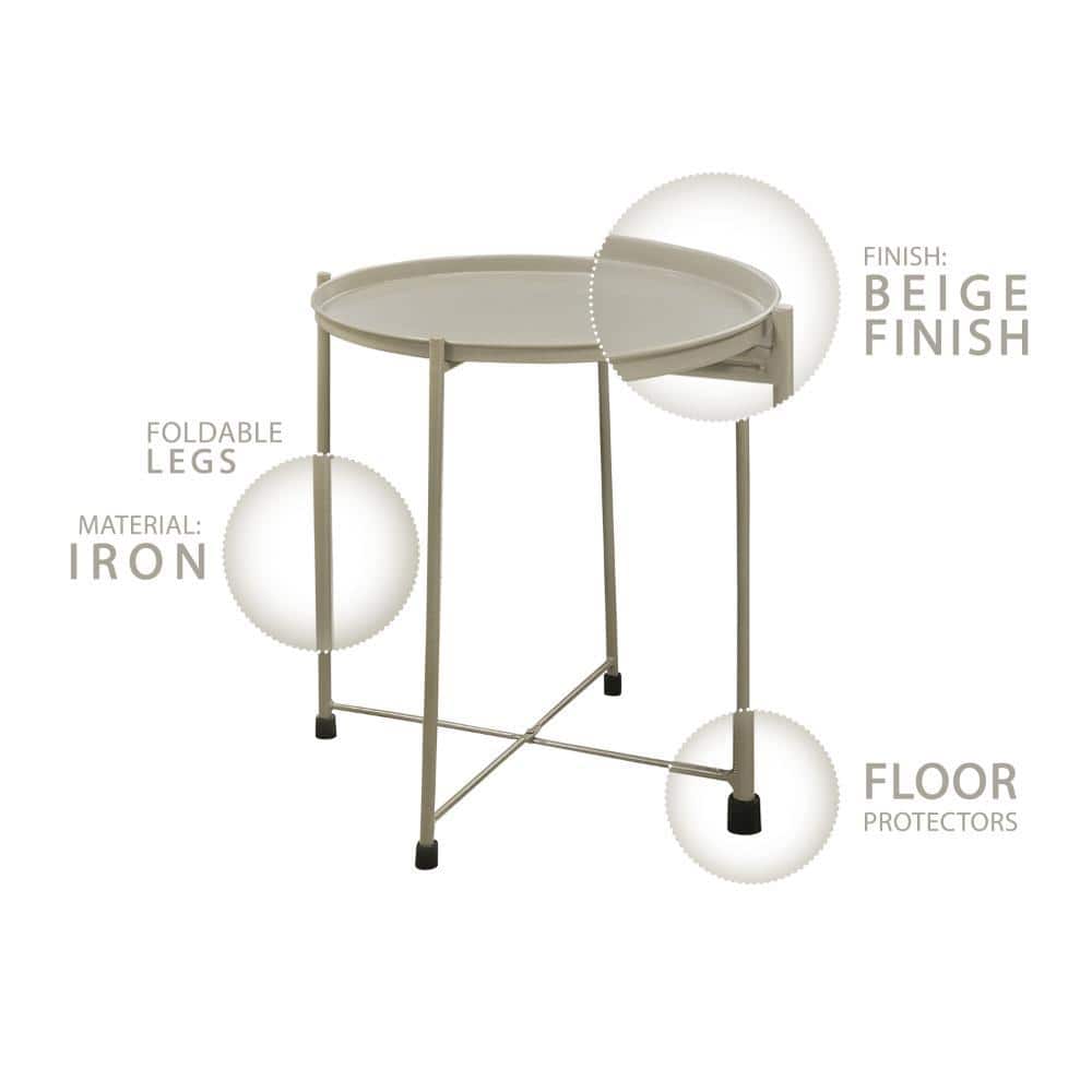 Beige 18" Round Metal Tray Top Foldable Side Table