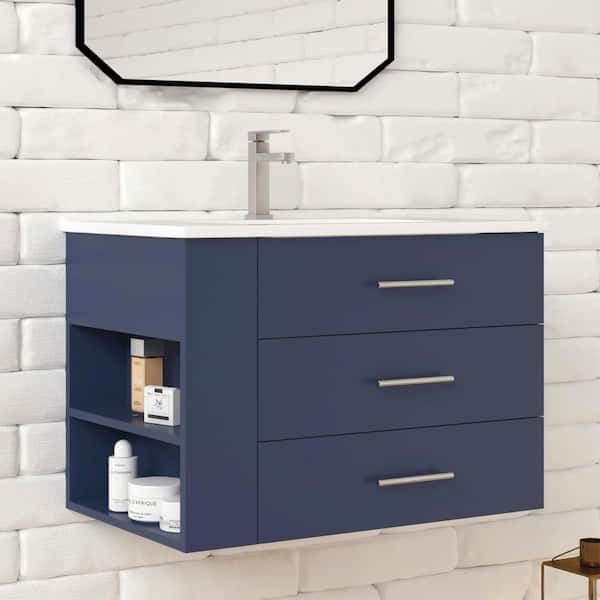 HOMEVY STUDIO Rita 30.25 in. W Single Sink Wallmount Bath Vanity with White Ceramic Top Countertop in Marine Blue with Left Side Shelf