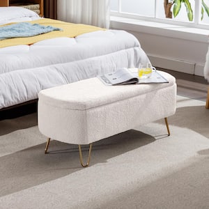 Modern 39.37 in. White Polyester Upholstered Storage Ottoman Bedroom Bench with Gold Legs Faux Fur Entryway Bench